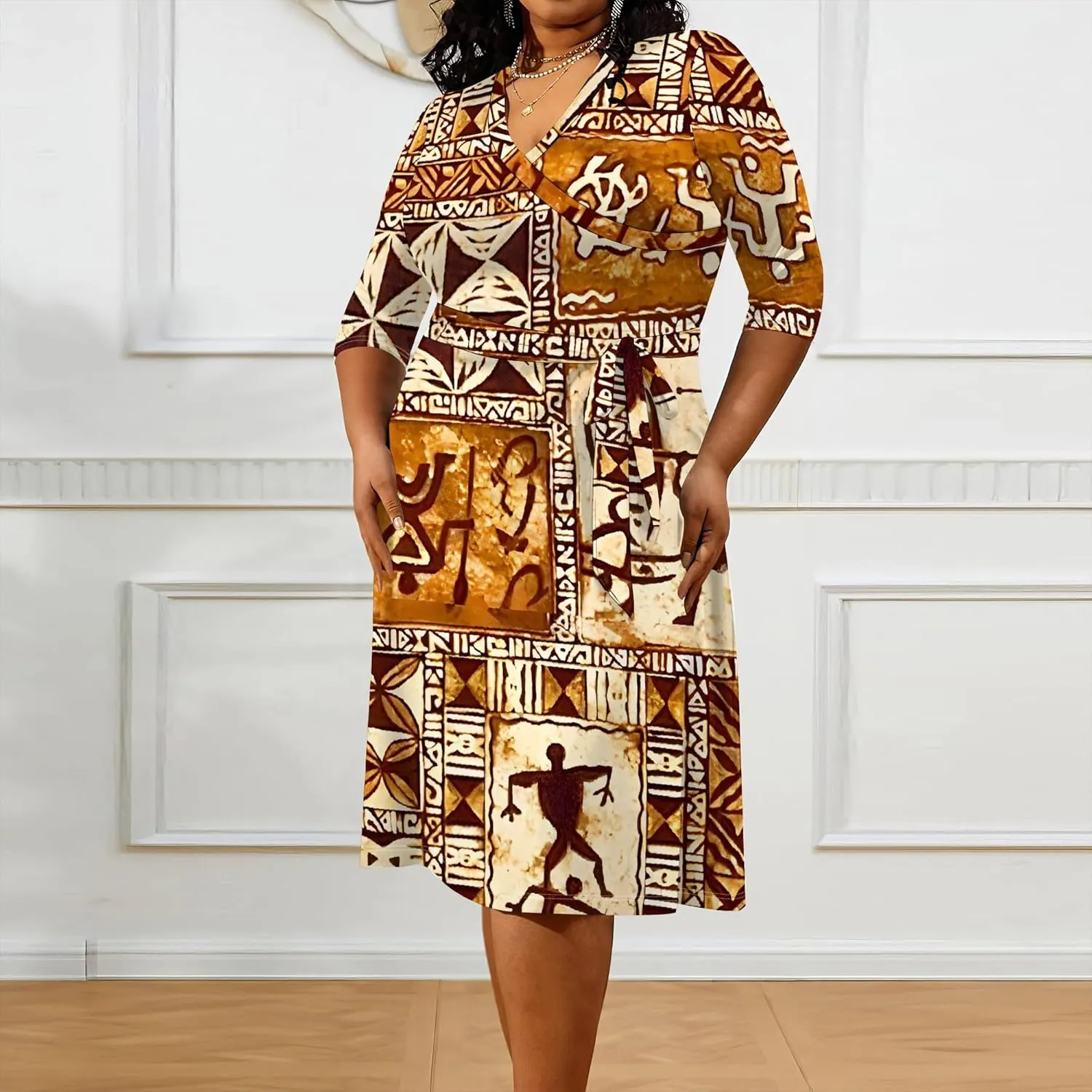 Women's Plus Size Dress 3/4 Sleeves Sexy Deep V Neck African Art Pattern Print Midi Dress with Belt for Curvy Women
