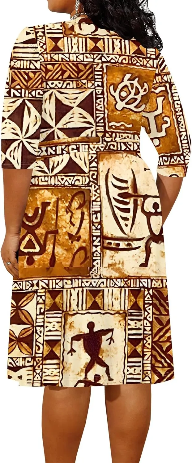 Women's Plus Size Dress 3/4 Sleeves Sexy Deep V Neck African Art Pattern Print Midi Dress with Belt for Curvy Women