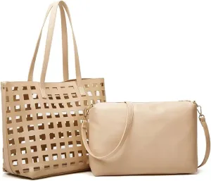 Womens Purses and Handbags Leather Tote Bag Large Capacity Shoulder Handbag Hollow Top Handle Satchel Purses Set 2pcs, Khaki