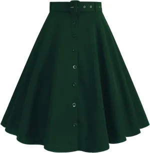 Womens Retro High Waisted Skirts Vintage Stretch A Line Flared Midi Skirt Knee Length Casual Dress Summer Clothes