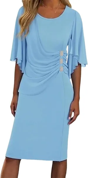 Women's Ruched Waist Short Sleeve Midi Dress Spring Elegant Slimming Round Neck Office Party Dress