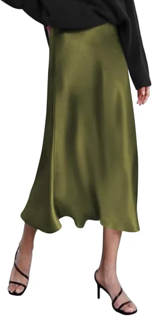 Womens Satin High Waist Skirt Summer Silk Elegant A Line Long Skirts 2025 Sexy Cocktail Party Wedding Midi Skirt