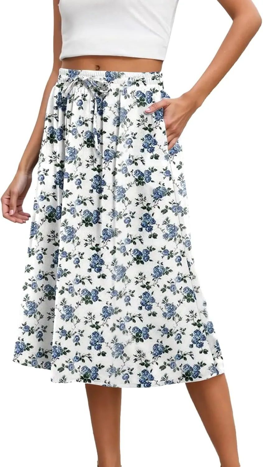 Womens Skirts Elastic Waisted Mid High Waisted Flowy Elegant Skirt Loose Fashionable Comfortable Skorts with Pockets