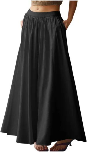Women's Solid Color Skirts Summer Elegant High Waist Formal Maxi Skorts Casual Fashion Prom Homecoming Swing Skirt