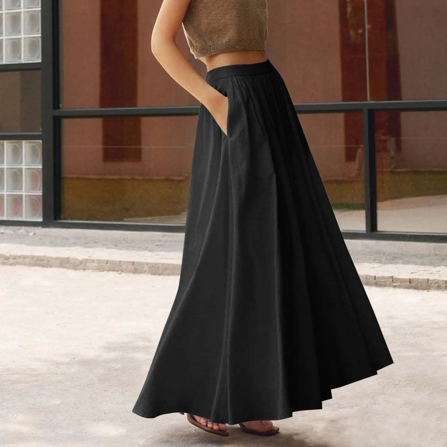 Women's Solid Color Skirts Summer Elegant High Waist Formal Maxi Skorts Casual Fashion Prom Homecoming Swing Skirt