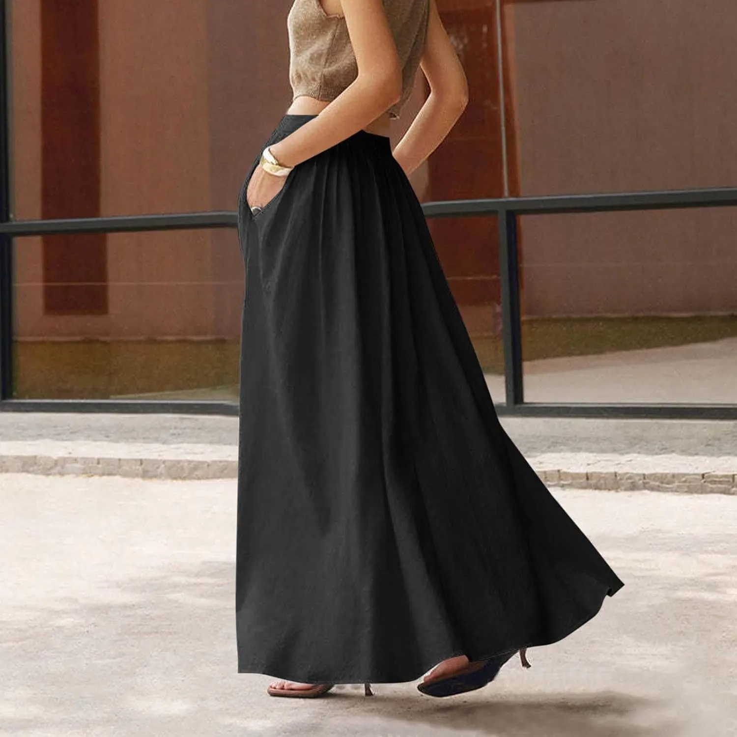 Women's Solid Color Skirts Summer Elegant High Waist Formal Maxi Skorts Casual Fashion Prom Homecoming Swing Skirt