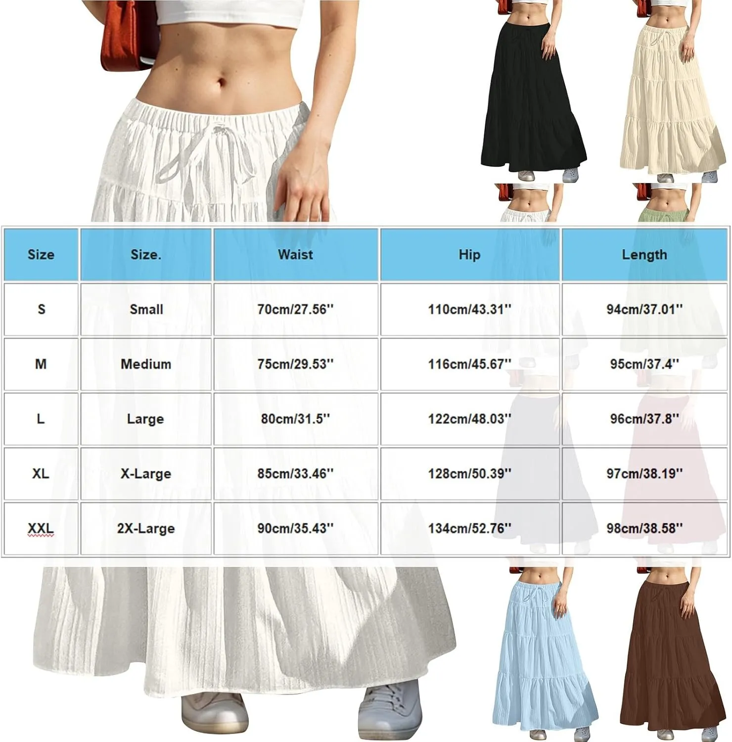 Womens Summer Boho Flowy Swing Tiered A-Line Maxi Skirt 2025 Trendy Elastic Waist Tie Ruffle Pleated Beach Dress
