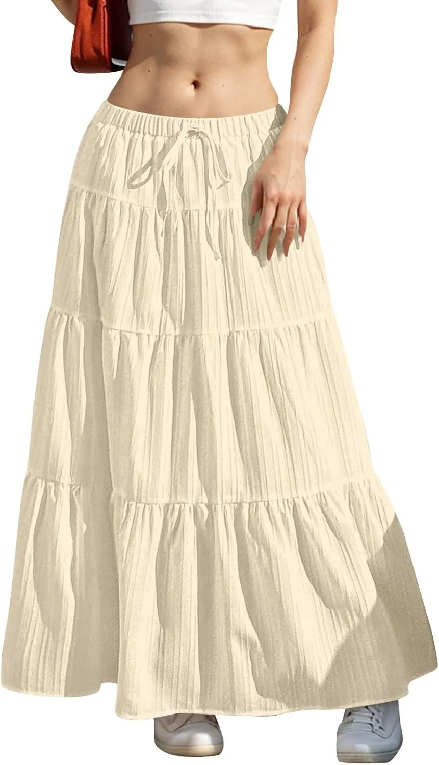 Womens Summer Boho Flowy Swing Tiered A-Line Maxi Skirt 2025 Trendy Elastic Waist Tie Ruffle Pleated Beach Dress