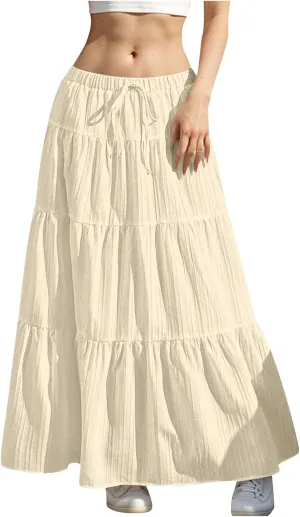 Womens Summer Boho Flowy Swing Tiered A-Line Maxi Skirt 2025 Trendy Elastic Waist Tie Ruffle Pleated Beach Dress