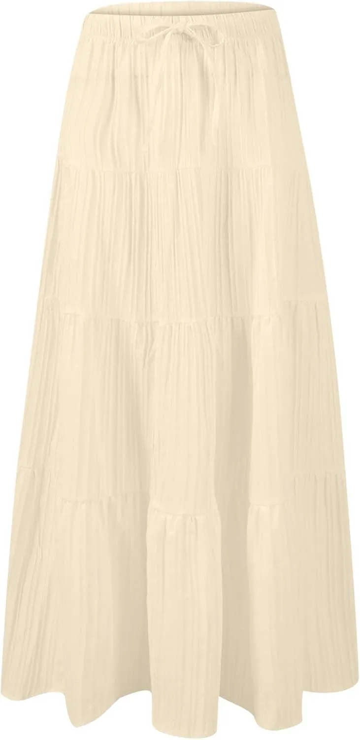 Womens Summer Boho Flowy Swing Tiered A-Line Maxi Skirt 2025 Trendy Elastic Waist Tie Ruffle Pleated Beach Dress