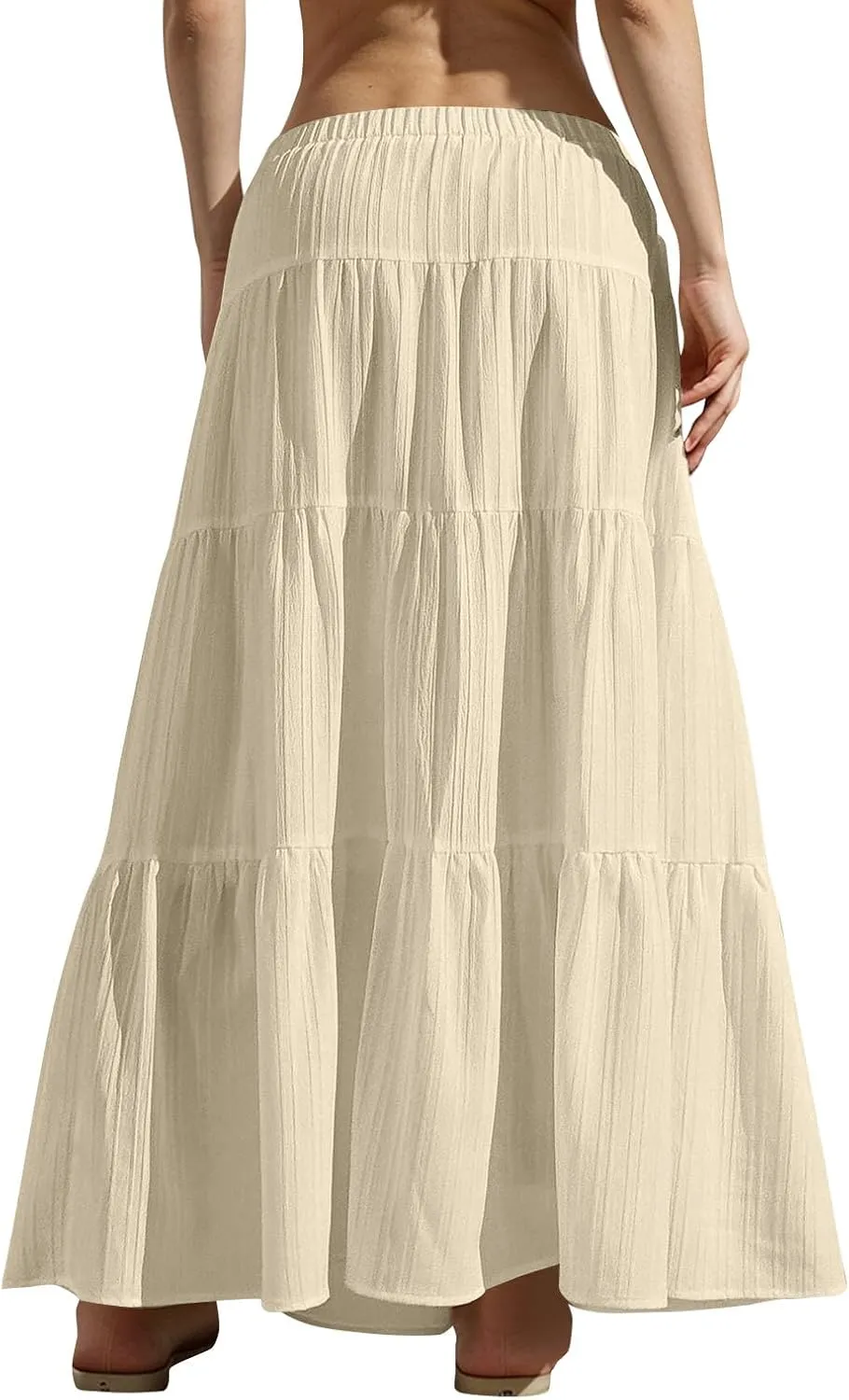 Womens Summer Boho Flowy Swing Tiered A-Line Maxi Skirt 2025 Trendy Elastic Waist Tie Ruffle Pleated Beach Dress