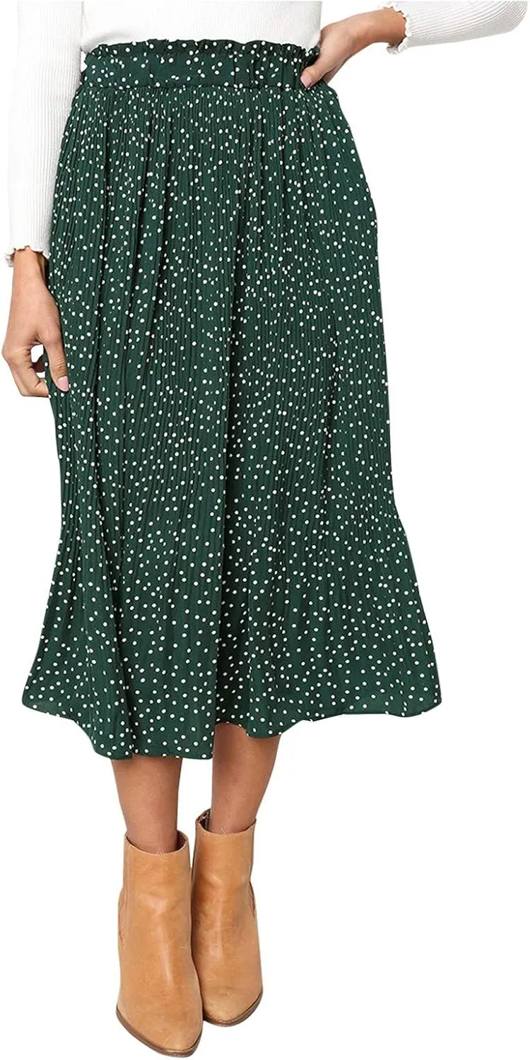 Women's Summer Maxi Skirts Women's Elegant Long Maxi Skirt Dot Women's Pleated Midi Casual Waist Maxi Skirt