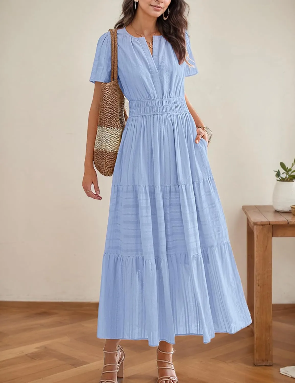 Womens Summer Midi Maxi Dresses Casual V Neck Short Sleeve Flowy A Line Boho Beach Dress with Pockets