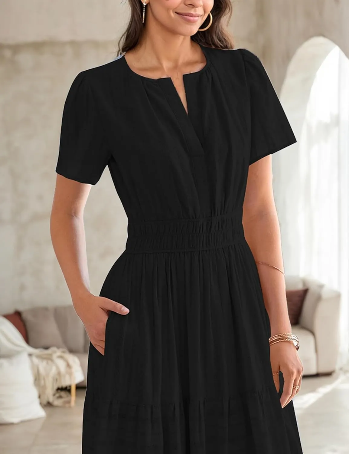 Womens Summer Midi Maxi Dresses Casual V Neck Short Sleeve Flowy A Line Boho Beach Dress with Pockets