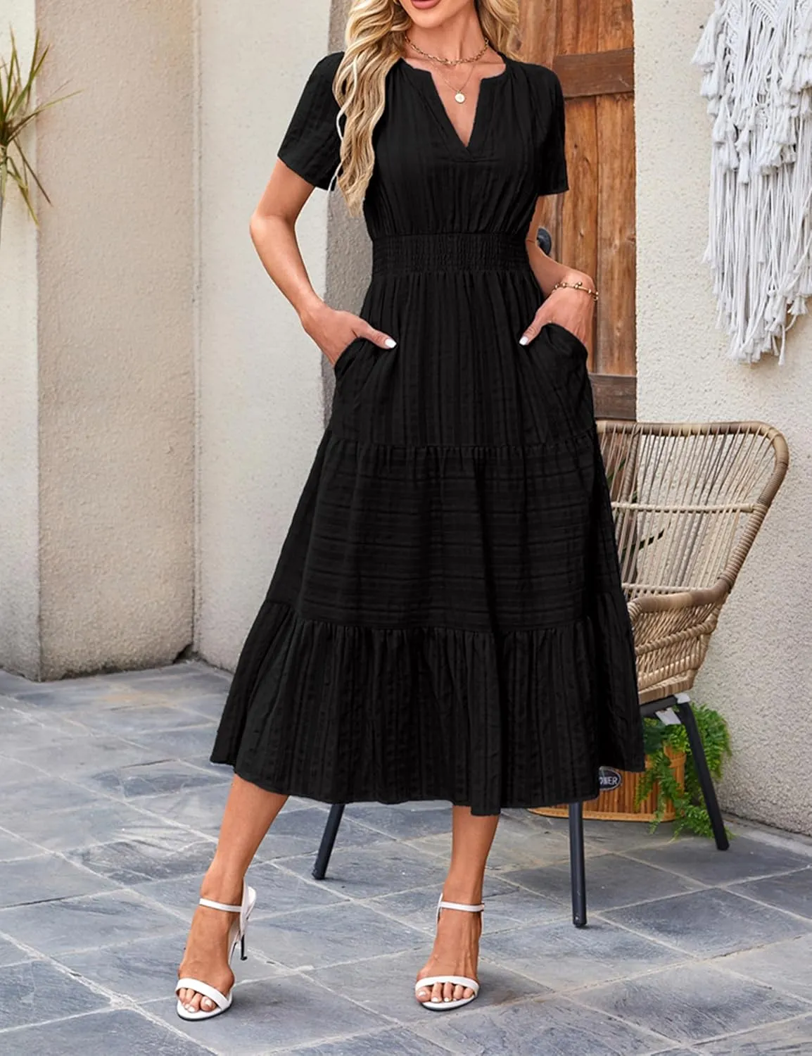 Womens Summer Midi Maxi Dresses Casual V Neck Short Sleeve Flowy A Line Boho Beach Dress with Pockets