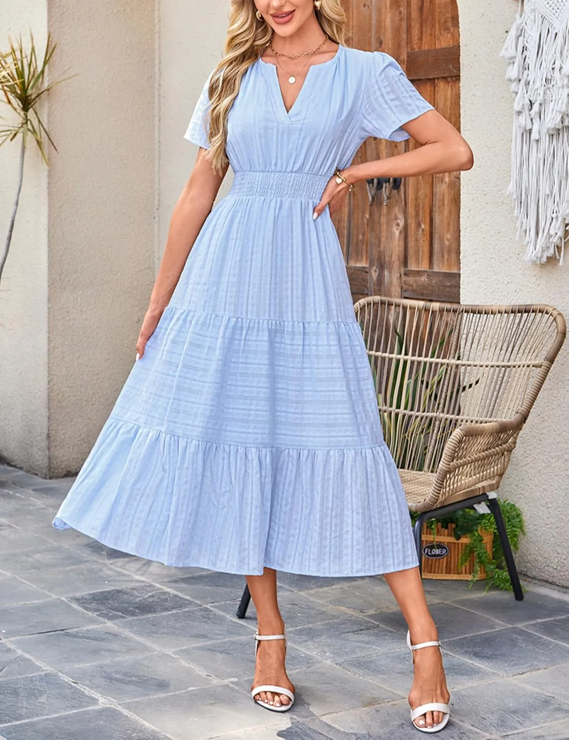 Womens Summer Midi Maxi Dresses Casual V Neck Short Sleeve Flowy A Line Boho Beach Dress with Pockets