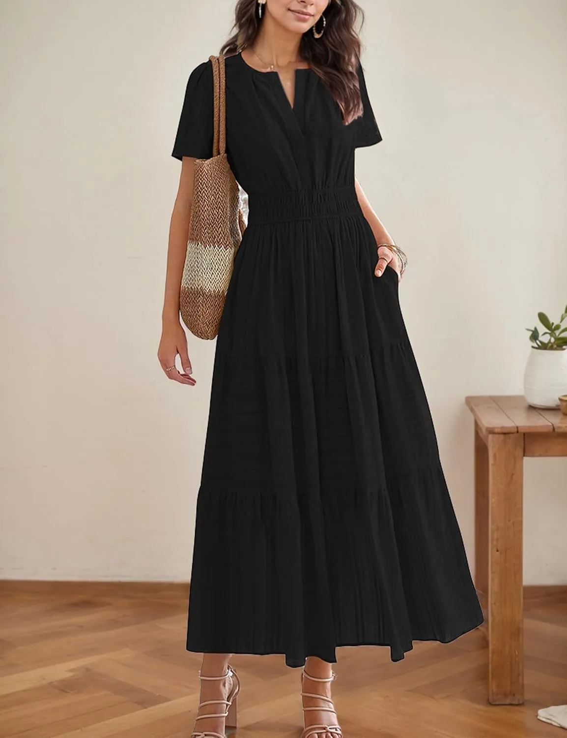 Womens Summer Midi Maxi Dresses Casual V Neck Short Sleeve Flowy A Line Boho Beach Dress with Pockets