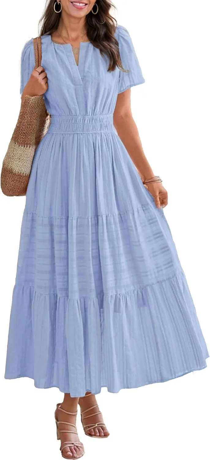 Womens Summer Midi Maxi Dresses Casual V Neck Short Sleeve Flowy A Line Boho Beach Dress with Pockets
