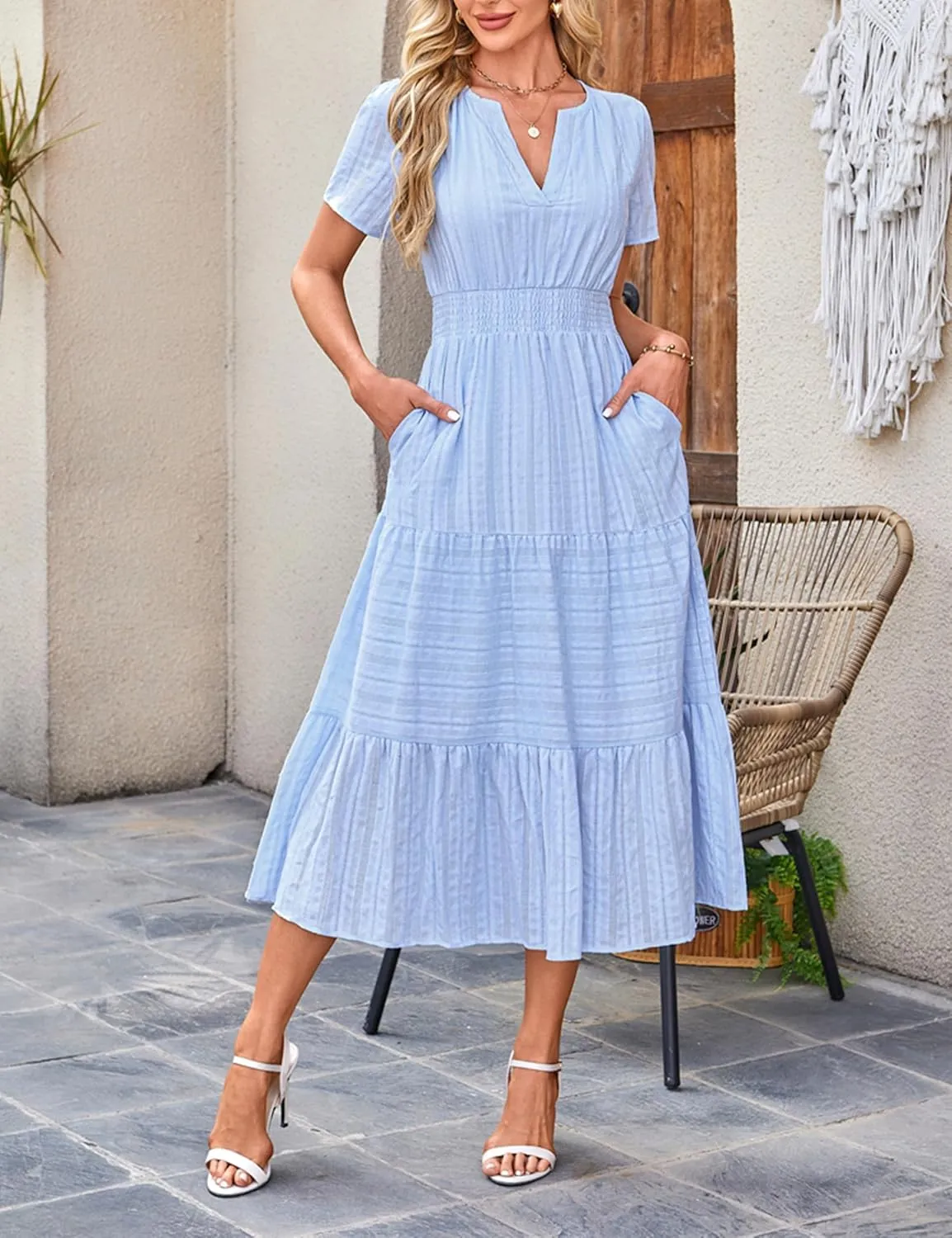 Womens Summer Midi Maxi Dresses Casual V Neck Short Sleeve Flowy A Line Boho Beach Dress with Pockets