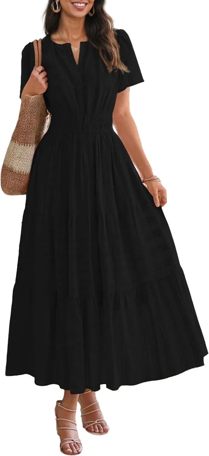 Womens Summer Midi Maxi Dresses Casual V Neck Short Sleeve Flowy A Line Boho Beach Dress with Pockets