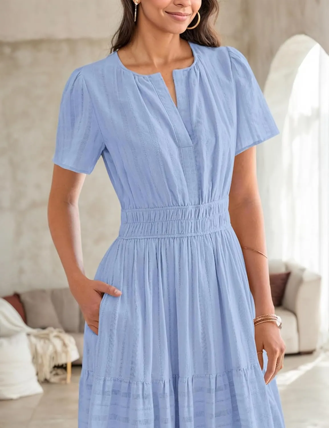Womens Summer Midi Maxi Dresses Casual V Neck Short Sleeve Flowy A Line Boho Beach Dress with Pockets