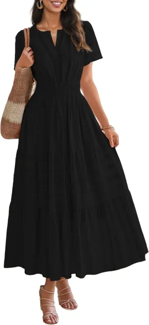 Womens Summer Midi Maxi Dresses Casual V Neck Short Sleeve Flowy A Line Boho Beach Dress with Pockets