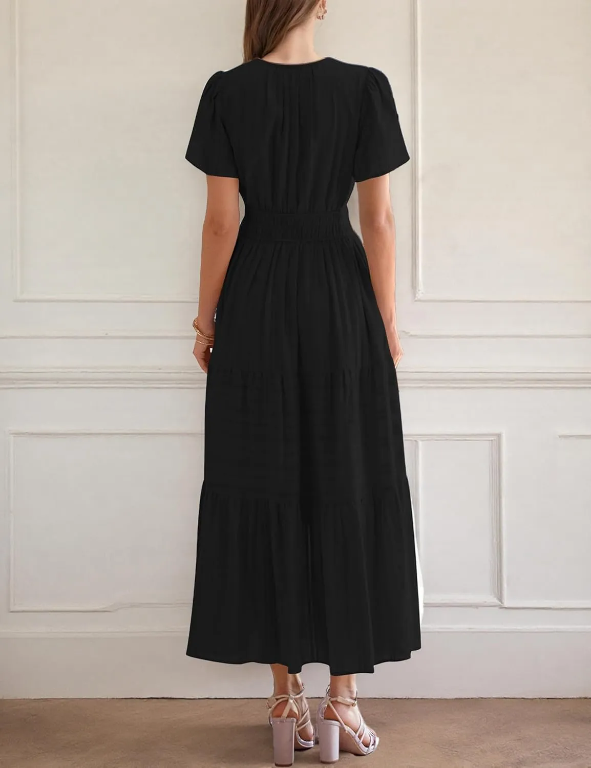 Womens Summer Midi Maxi Dresses Casual V Neck Short Sleeve Flowy A Line Boho Beach Dress with Pockets