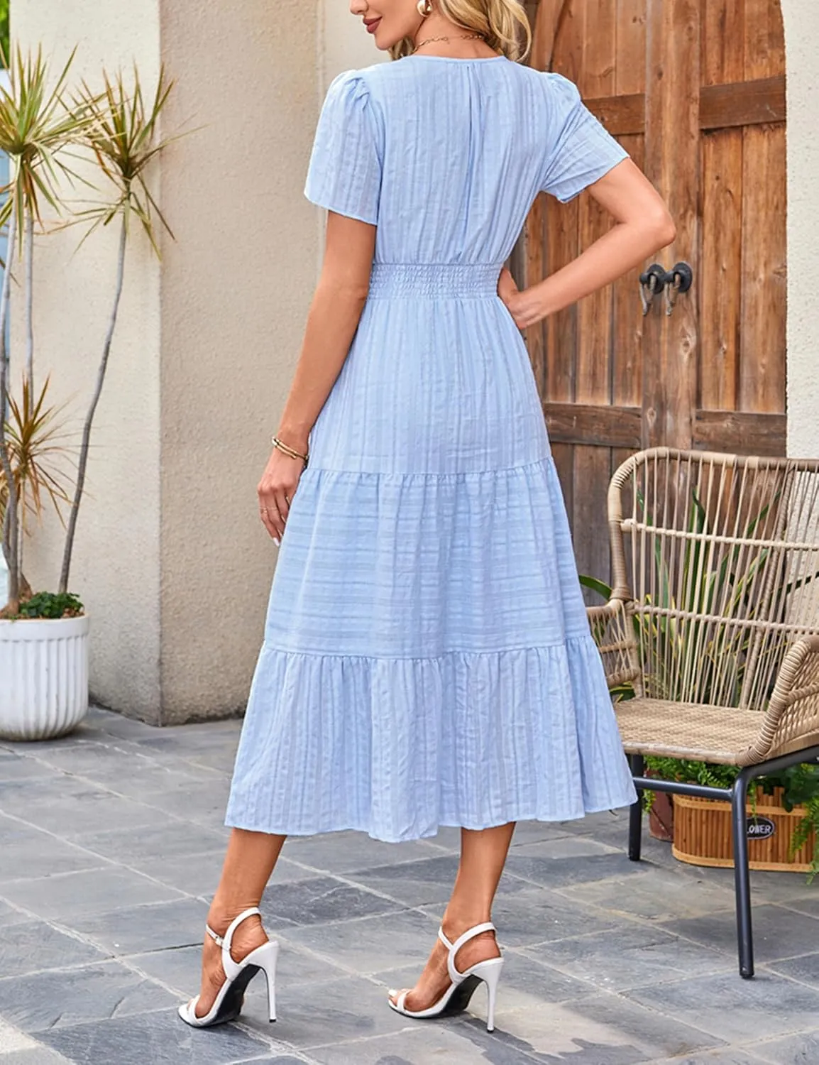 Womens Summer Midi Maxi Dresses Casual V Neck Short Sleeve Flowy A Line Boho Beach Dress with Pockets