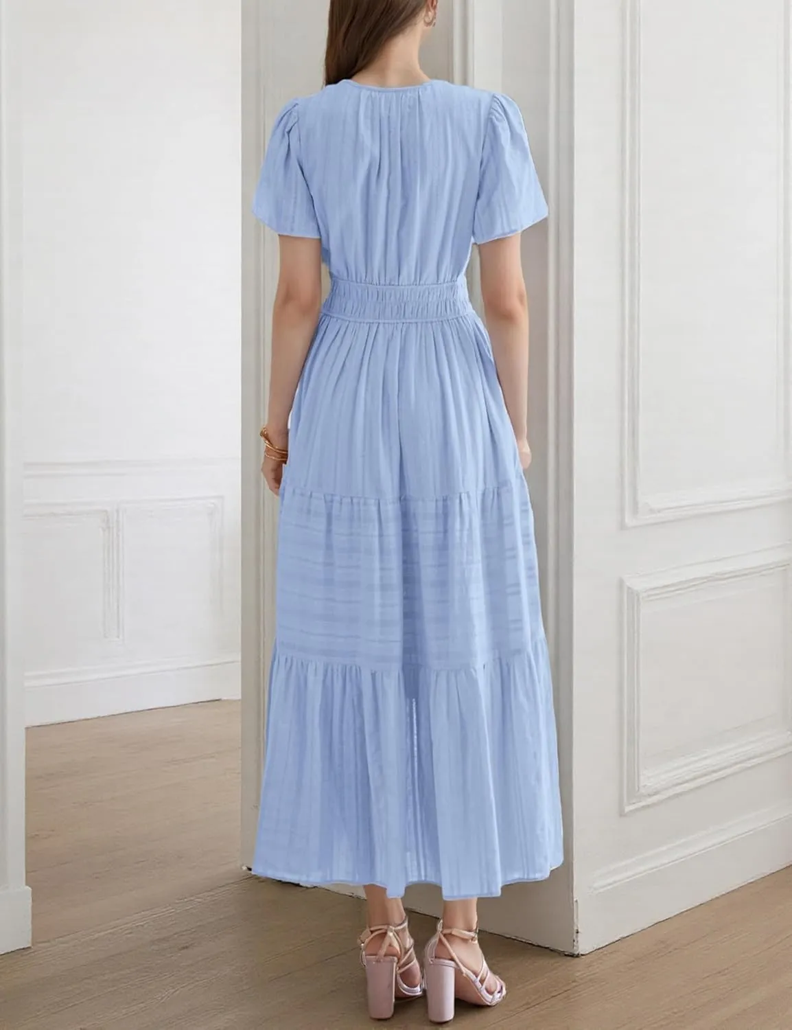 Womens Summer Midi Maxi Dresses Casual V Neck Short Sleeve Flowy A Line Boho Beach Dress with Pockets