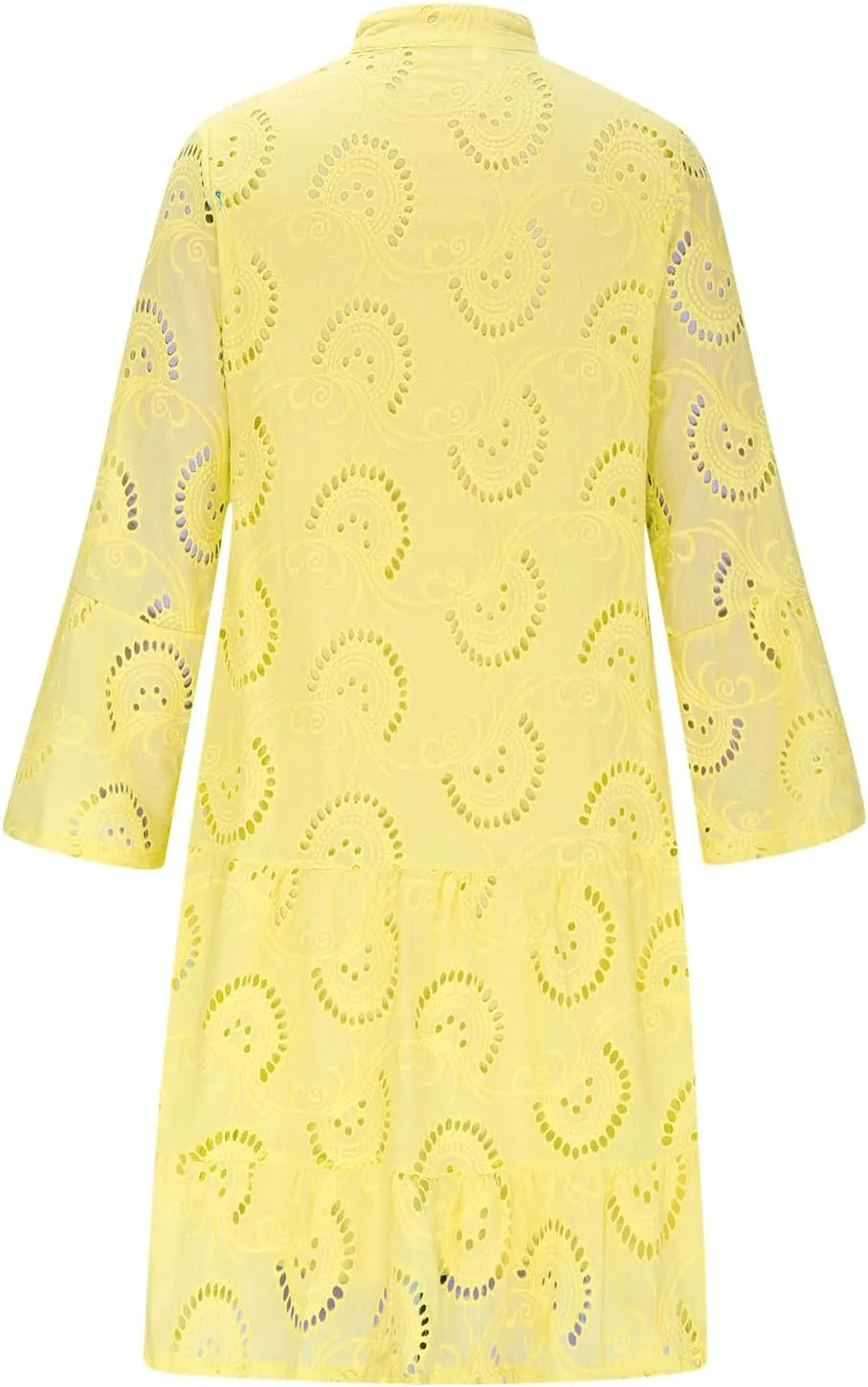 Women's V Neck Lace Crochet Puff Long Sleeve Ruffle Hem Loose Summer Flowy Mini Dress Plus Size Casual Swing Dresses