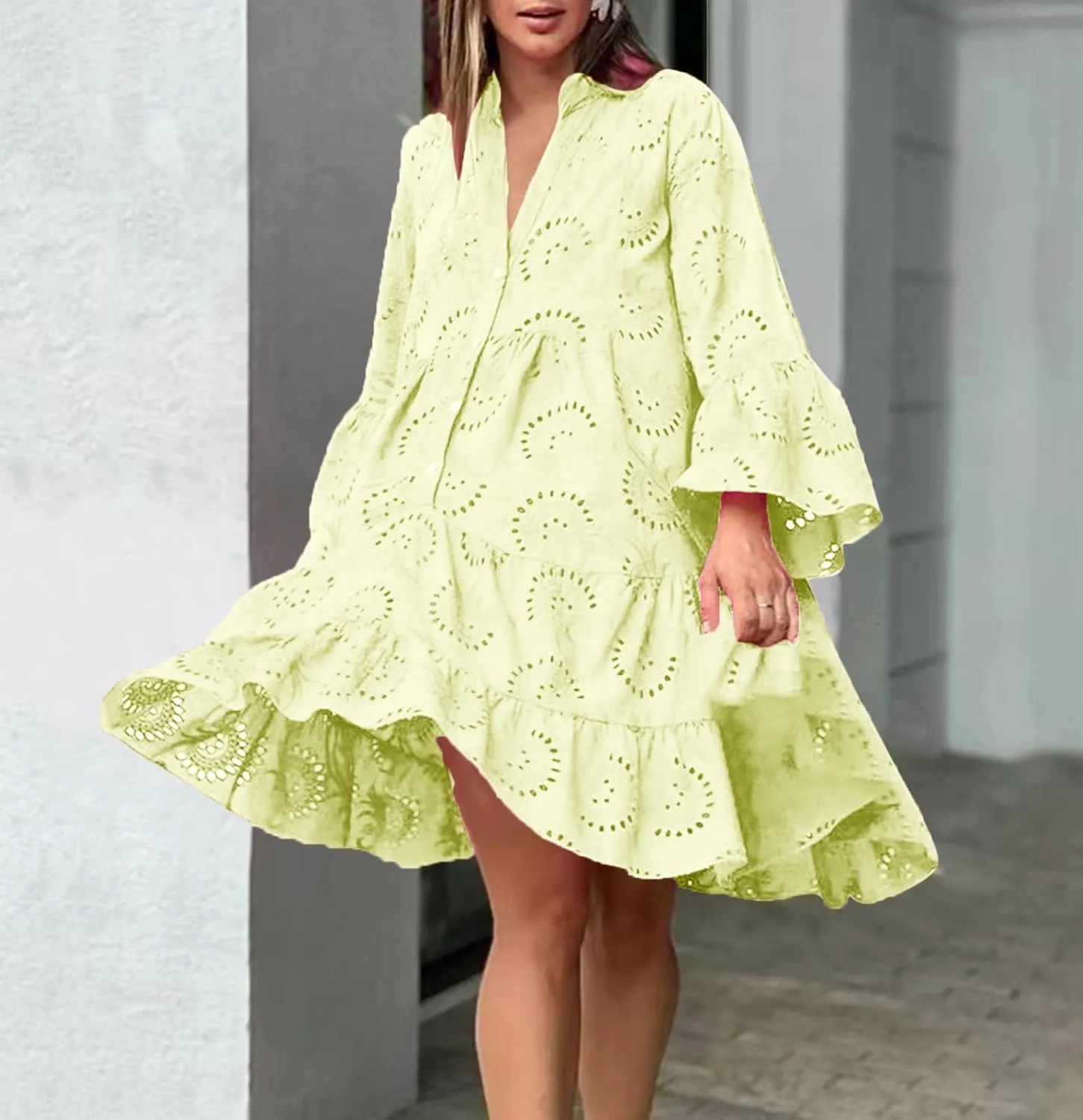Women's V Neck Lace Crochet Puff Long Sleeve Ruffle Hem Loose Summer Flowy Mini Dress Plus Size Casual Swing Dresses