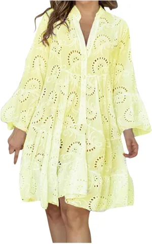 Women's V Neck Lace Crochet Puff Long Sleeve Ruffle Hem Loose Summer Flowy Mini Dress Plus Size Casual Swing Dresses