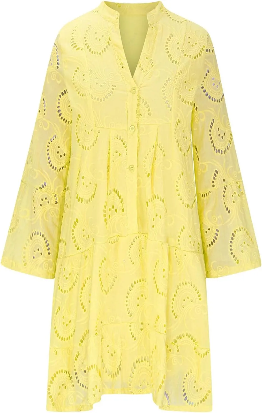 Women's V Neck Lace Crochet Puff Long Sleeve Ruffle Hem Loose Summer Flowy Mini Dress Plus Size Casual Swing Dresses