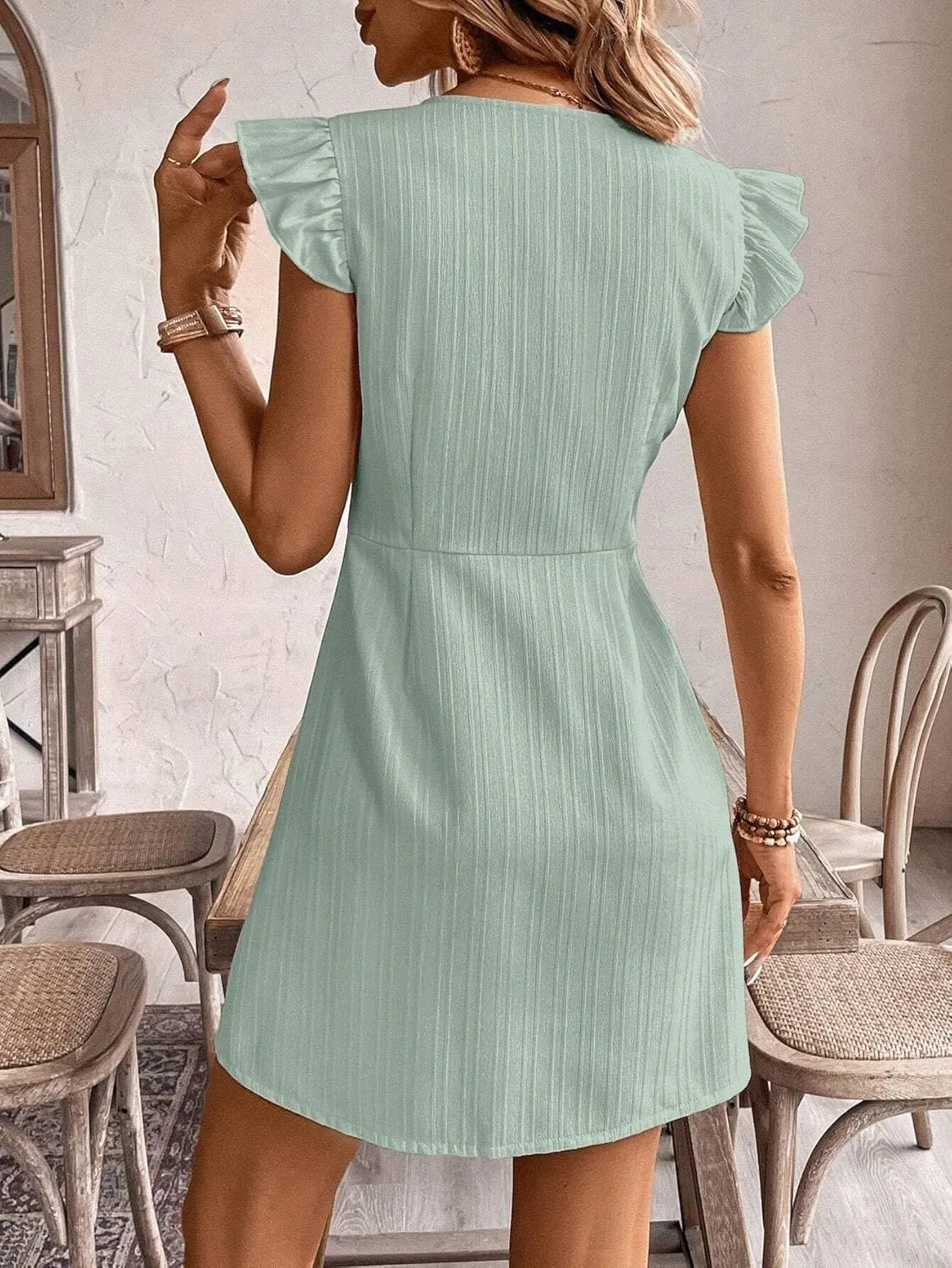 Women's Vacation Casual Solid Color Front Button Flyaway Sleeve Dress V-Neck Fashion Short Dresses for Women