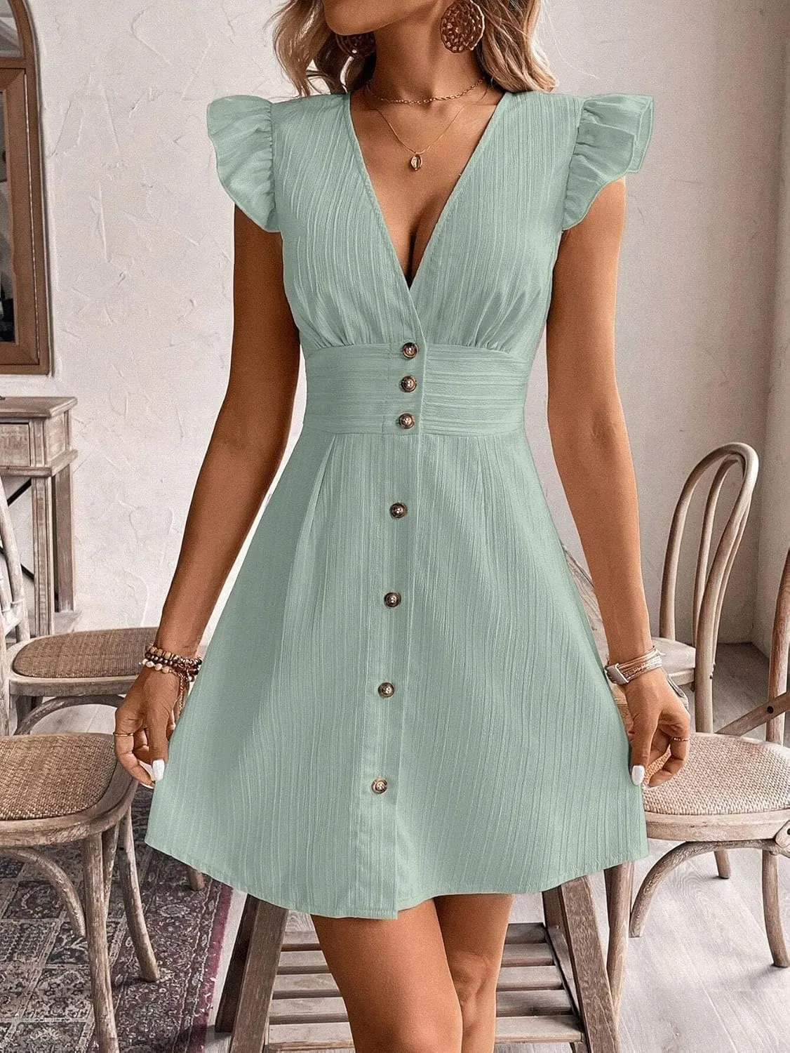Women's Vacation Casual Solid Color Front Button Flyaway Sleeve Dress V-Neck Fashion Short Dresses for Women