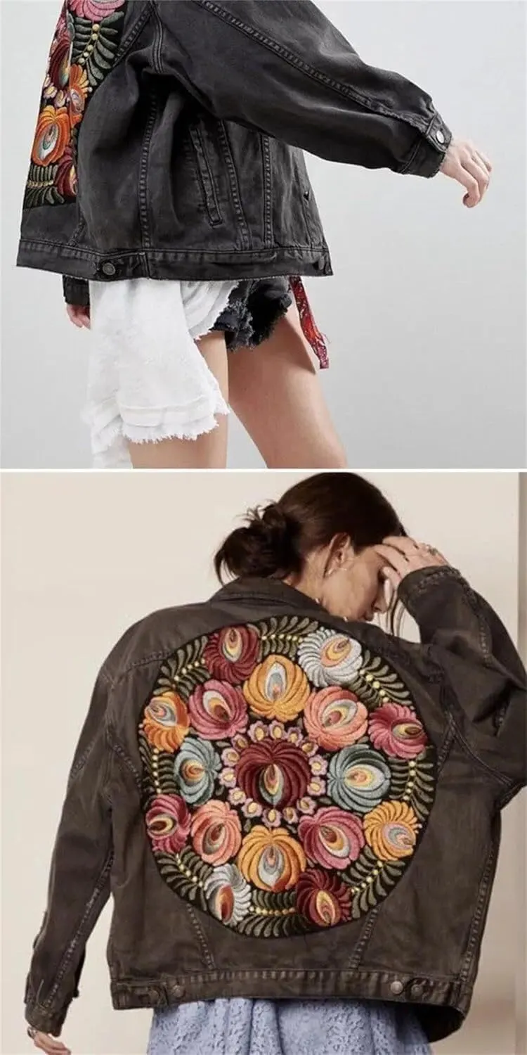 Women's Vintage Floral Embroidered Denim Jacket with Turn-Down Collar for Spring and Autumn