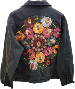 Women's Vintage Floral Embroidered Denim Jacket with Turn-Down Collar for Spring and Autumn