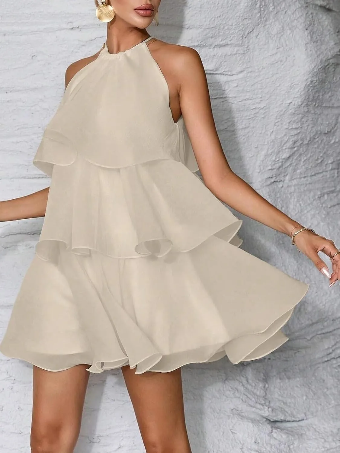 Women's Wedding Guest Layer Hem Halter Neck White Dress Backless Fashion Short Dresses for Women