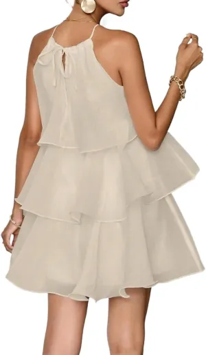 Women's Wedding Guest Layer Hem Halter Neck White Dress Backless Fashion Short Dresses for Women