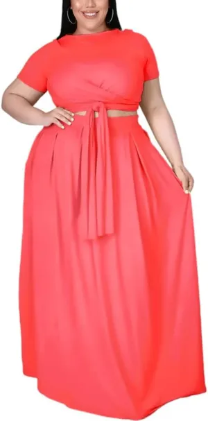XYGJZ Women Plus Size 2 Piece Dress Outfits Short Sleeve Bandage Tie Up Crop Top and Maxi Skirt Set