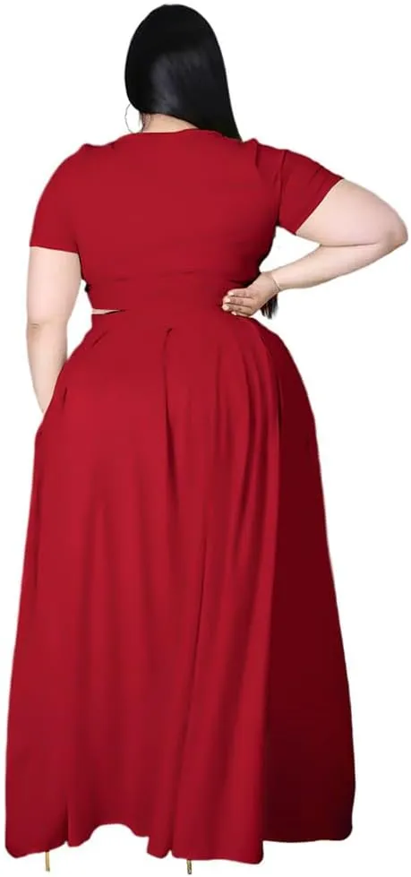 XYGJZ Women Plus Size 2 Piece Dress Outfits Short Sleeve Bandage Tie Up Crop Top and Maxi Skirt Set
