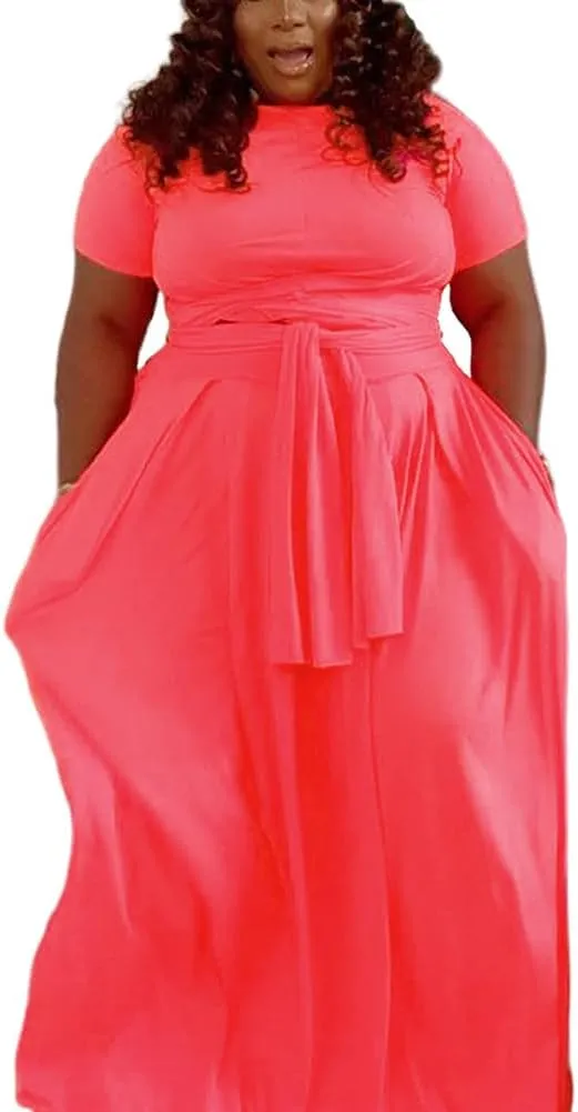 XYGJZ Women Plus Size 2 Piece Dress Outfits Short Sleeve Bandage Tie Up Crop Top and Maxi Skirt Set