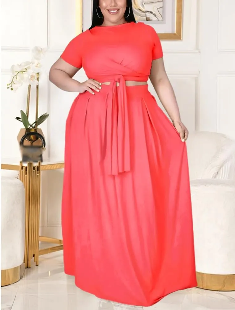 XYGJZ Women Plus Size 2 Piece Dress Outfits Short Sleeve Bandage Tie Up Crop Top and Maxi Skirt Set