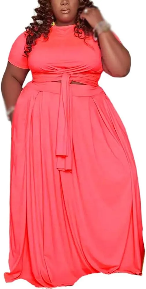 XYGJZ Women Plus Size 2 Piece Dress Outfits Short Sleeve Bandage Tie Up Crop Top and Maxi Skirt Set