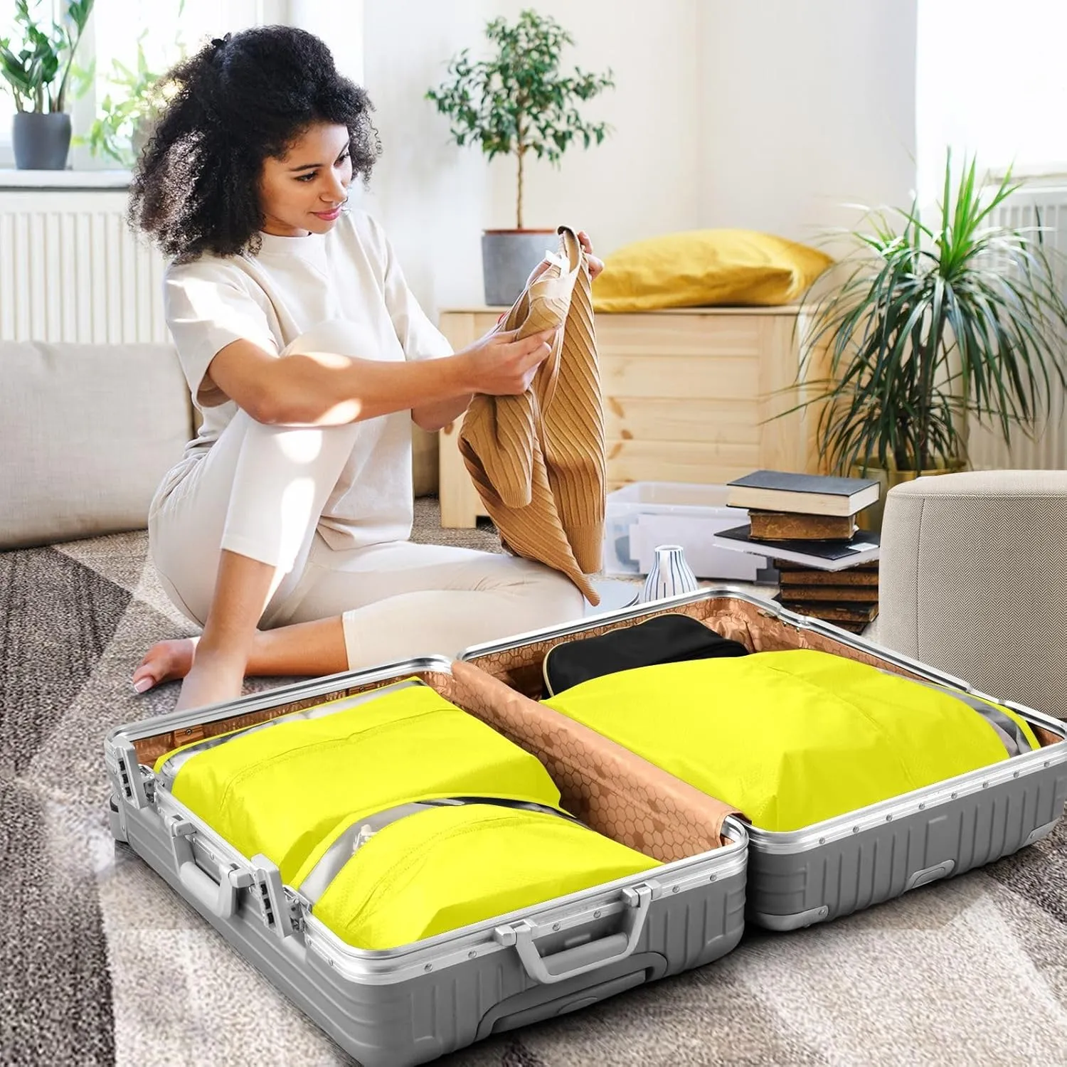 Yellow Solid Color Pure Plain 3 Set Travel Packing Cubes For Suitcases, Foldable, Garment Bag Closet Storage, Luggage Space Saver, Luggages Management Personnel