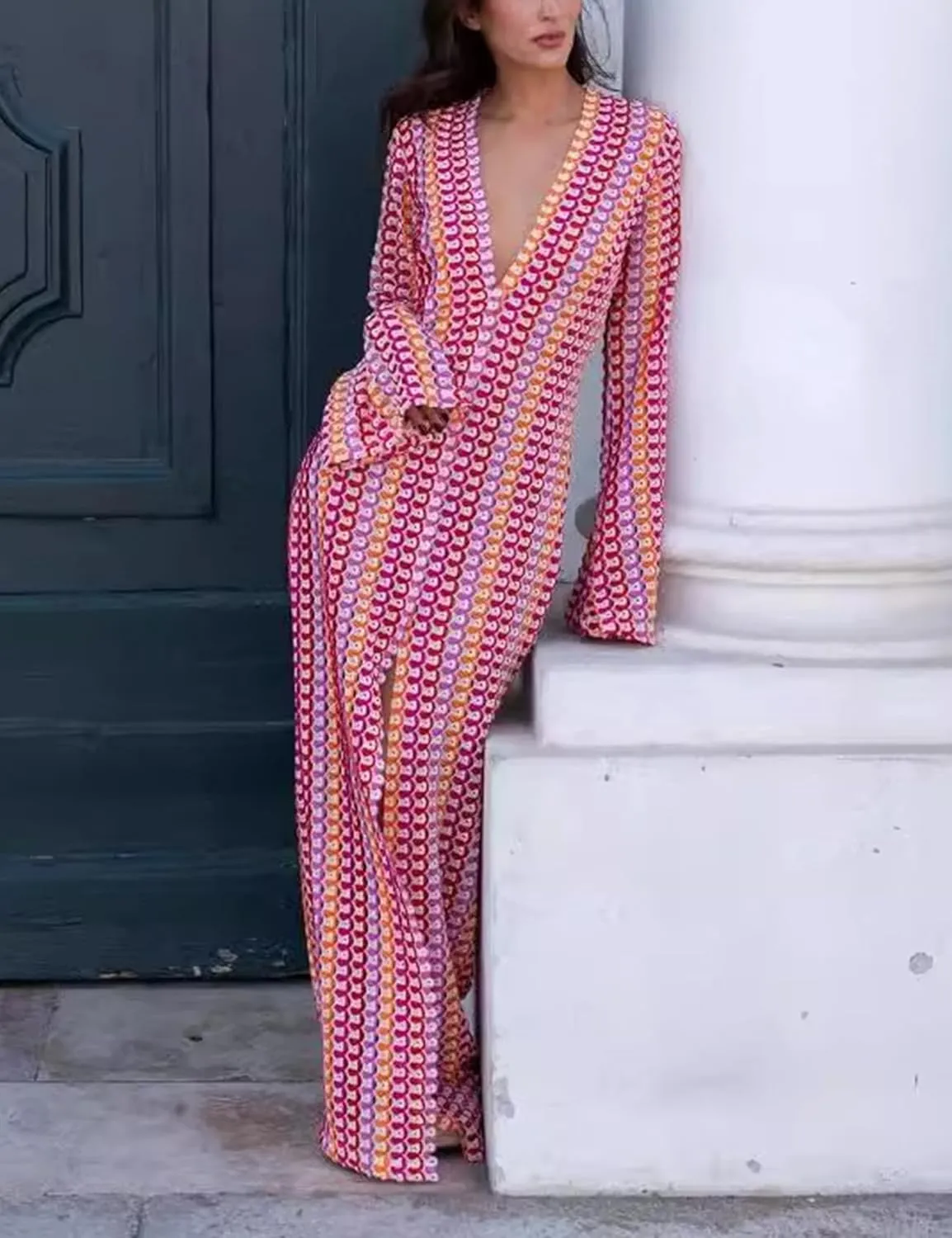 Yimoon Womens Striped Maxi Dress Long Knit Beach Dresses Loose Fit Sexy Summer Contrast Color Side Slit Hollow Out Sundress