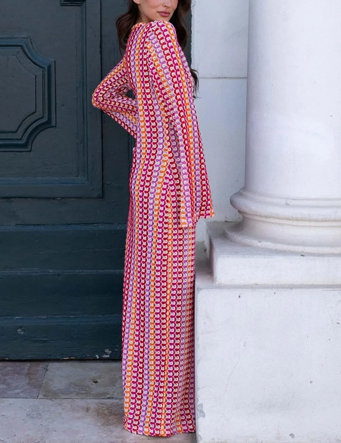 Yimoon Womens Striped Maxi Dress Long Knit Beach Dresses Loose Fit Sexy Summer Contrast Color Side Slit Hollow Out Sundress
