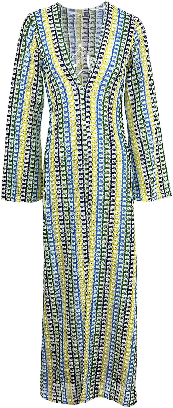 Yimoon Womens Striped Maxi Dress Long Knit Beach Dresses Loose Fit Sexy Summer Contrast Color Side Slit Hollow Out Sundress