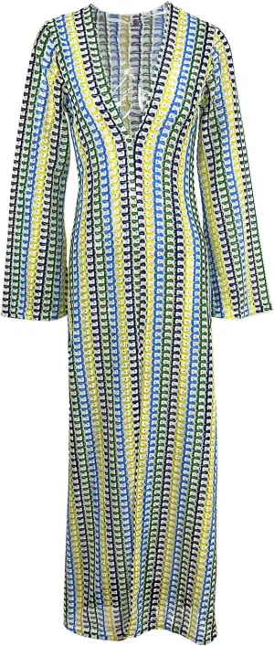 Yimoon Womens Striped Maxi Dress Long Knit Beach Dresses Loose Fit Sexy Summer Contrast Color Side Slit Hollow Out Sundress