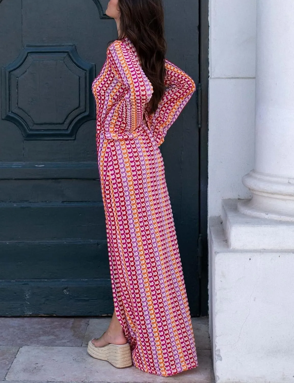 Yimoon Womens Striped Maxi Dress Long Knit Beach Dresses Loose Fit Sexy Summer Contrast Color Side Slit Hollow Out Sundress